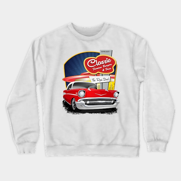 1957 Red and White Drive In Chevy Bel Air Crewneck Sweatshirt by RPM-ART